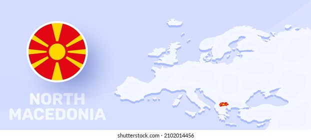 north macedonia map flag banner. Vector illustration with a map of Europe and highlighted country with national flag