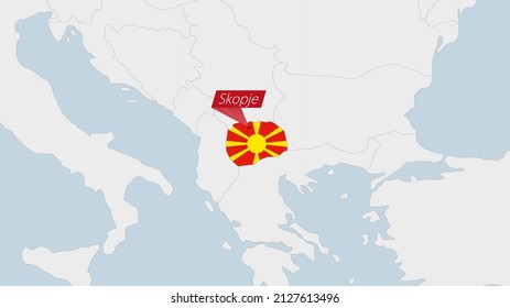 North Macedonia map highlighted in Macedonia flag colors and pin of country capital Skopje, map with neighboring European countries.