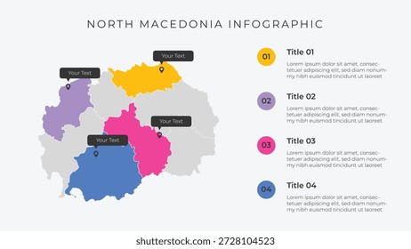 Nordmakedonien Karte Infografik Vorlage mit 4 Optionen. Nordmakedonien politische Karte Infografik zur Präsentation.