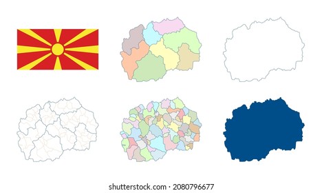 North Macedonia map. Set of vector maps. Detailed blue outline and silhouette. Administrative divisions. Statistical regions and municipalities. Country flag. All isolated on white background.