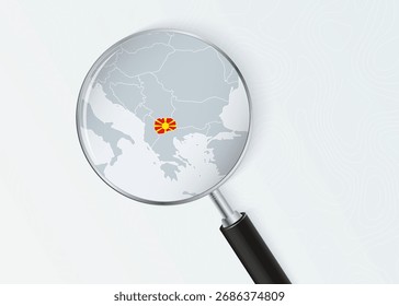 North Macedonia Map Under Magnifying Glass with National Flag Overlay. The image represents geographical focus, national identity, and exploration.