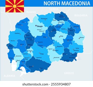 North Macedonia Map Vector Blue Spot - Customizable layered political map of North Macedonia with administrative divisions for website, education, reports, news, politics, print, poster