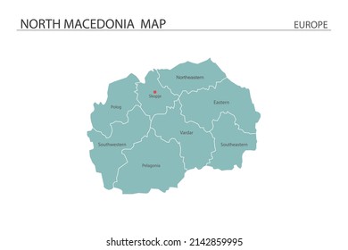 North Macedonia map vector illustration on white background. Map have all province and mark the capital city of North Macedonia. 
