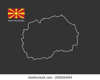 North Macedonia map vector thin white line style on the black background and North Macedonia flag in this vector.