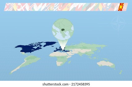 North Macedonia member of North Atlantic Alliance selected on perspective World Map. Flags of 30 members of alliance. Vector illustration.