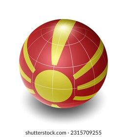 North Macedonia (MK) (Macedonian) National Flag 2.5D Isometric View, Metallic Sphere Ball Globe Design, Flag Symbol Isolated on White Background
