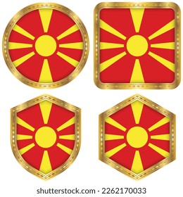 North Macedonia National Flag Collection Set of Circular, Square, Shield, Hexagon Gold Border Logo Button Icon Vector Design Isolated on White Background