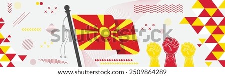 North Macedonia national or independence day, flag and Map of North Macedonia country, Flag of North Macedonia modern geometric retro abstract design. Celebration of Macedonia people.