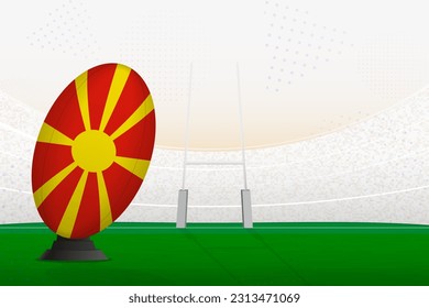 Selección nacional de rugby de Macedonia del Norte en estadio de rugby y puestos de gol, preparándose para un penal o patada libre. Ilustración vectorial.