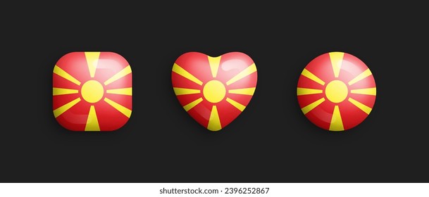 North Macedonia Official National Flag 3D Vector Glossy Icons In Rounded Square Heart And Circle Shape Isolate On Black. Macedonian Sign And Symbol Graphic Design Element Volumetric Buttons Collection