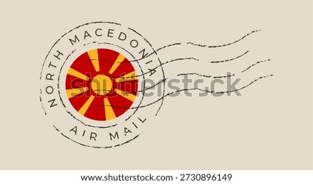 North Macedonia Postal Stamp featuring the National Flag for Air Mail Correspondence and Travel with a Vintage Grunge Postmark Effect..