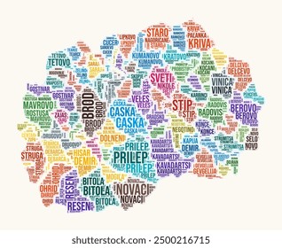 North Macedonia regions word cloud. Country logo design. Regions typography style vector image. North Macedonia colored text cloud. Amazing vector illustration.