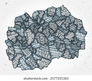 North Macedonia regions word cloud in a typographic style, shaped like the country on a textured background. Vibrant vector illustration.
