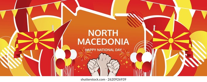 North Macedonia Republic Day greeting banner. 2 August Happy National Day. Festive horizontal templates in flag colors, great for festival event, modern poster, tourism campaign, and holiday sale