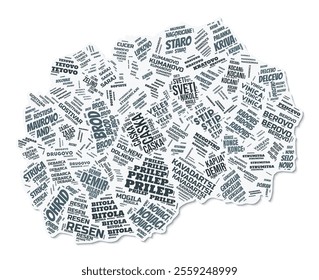 North Macedonia shape text cloud. Country border with shadow on white background. North Macedonia with regions division in vintage gazette style. Creative vector illustration.