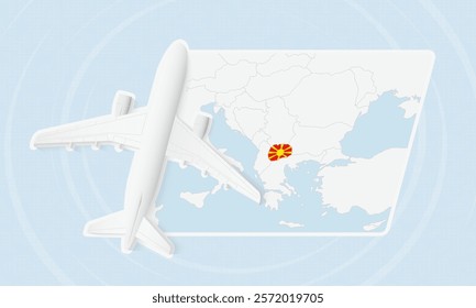 North Macedonia Travel Illustration with Plane and National Flag. Ideal for travel agencies, promotional materials, or geographic content related to North Macedonia.