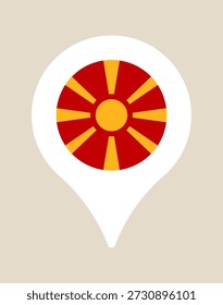 Bandeira da Macedônia do Norte dentro de um ícone de pino com mapa branco indicando um destino para viagens, turismo e geografia.
