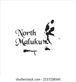 Mapa de Maluku del Norte y diseño de letras negras sobre fondo blanco