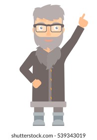 North man pointing up with his finger and having an idea. North man in sheepskin coat showing up by his finger and indicating at something. Vector flat design illustration isolated on white background