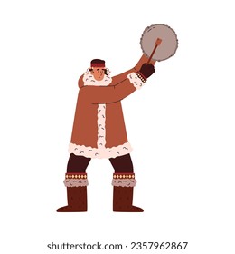 Hombre del Norte con la vestimenta tradicional de los esquimales golpeando el tambor, tamborilero. Dibujo vectorial de caricatura, entretenimiento étnico o ritual en traje tradicional. Cultura y tradiciones de vida en tierra firme