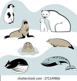 North marine animals. Silhouette of animals