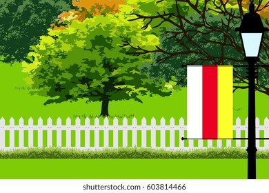 North Ossetia Flag, Landscape of Park, Trees, Fence wooden and Street light Vector Illustration 