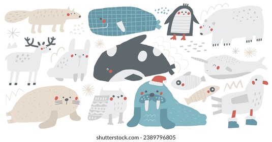 North, polar, arctic animals set. Cute hand drawn winter creatures, polar owl, white bear, seal, gull, narwhal, whale, penguin, deer, fox, rabbit, walrus, orca. Funny characters, icons for kids