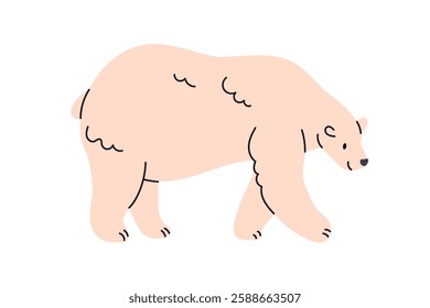 North polar bear walking with cute happy smile. Adorable Arctic animal from Northern Pole, Arctica. Wild mammal, Antarctic character profile. Flat vector illustration isolated on white background