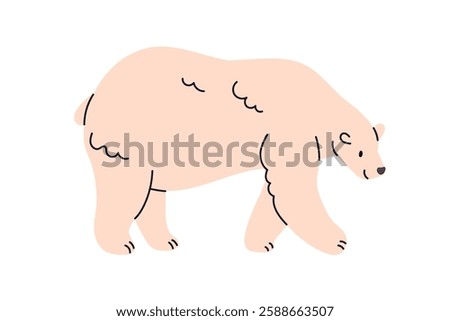 North polar bear walking with cute happy smile. Adorable Arctic animal from Northern Pole, Arctica. Wild mammal, Antarctic character profile. Flat vector illustration isolated on white background