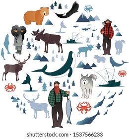 North Polar circle icons and images. Animals, eskimos, forests, mountains, hunters, boats, fish and fishermen