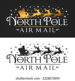 North Pole Air Mail Badge Christmas Stamp. Santa Claus Postmark Holiday Vector Illustration.