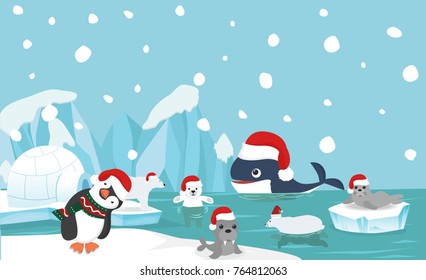 North pole animal background with santa hat