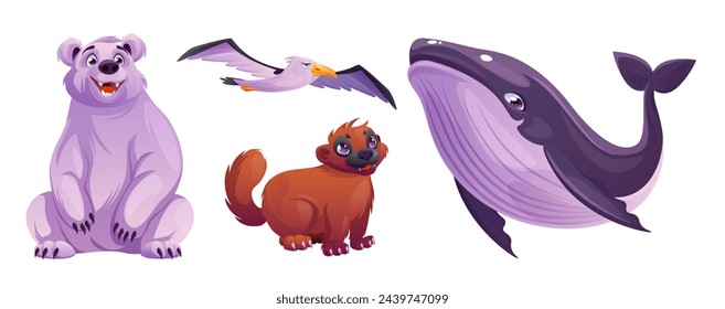 North pole animals in cartoon vector illustration set - cute toon white bear, wolverine with brown fur, big blue striped whale and flying albatross or seagull. Polar arctic wildlife mammals and bird.