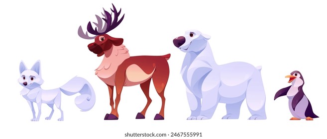 North pole animals. Cartoon vector illustration set of cute toon arctic wild life characters - white fox, brown reindeer with big antlers, polar bear and penguin. Alaska winter mammal and bird.