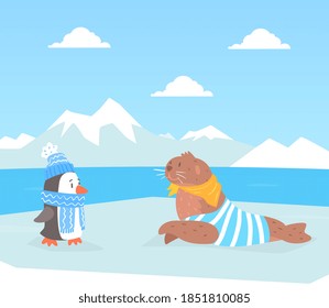 North Pole Arctic Animals on Polar Landscape, Cute Seal and Penguin Characters Cartoon Vector Illustration