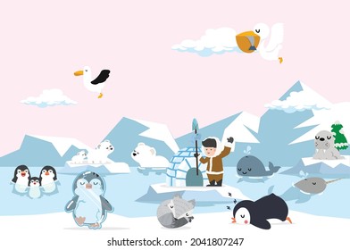 North pole Arctic animals set background