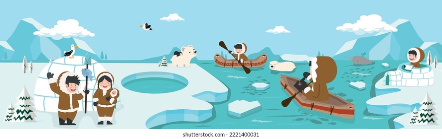 north pole arctic with Eskimo family  landscape background