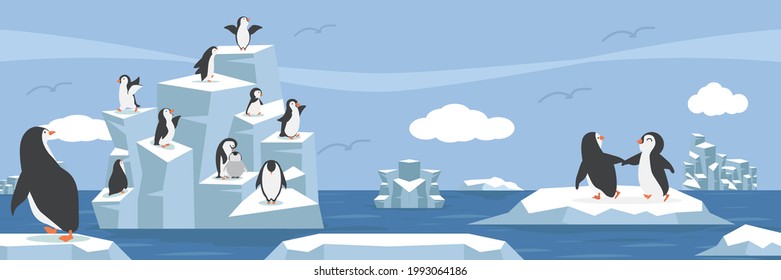 north pole arctic with group penguins landscape