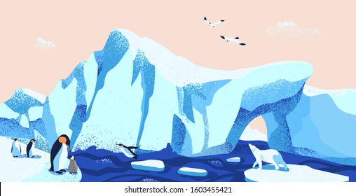 North pole, arctic ice landscape flat vector illustration. Beautiful antarctic scenery with local fauna. Glacier panorama with emperor penguins, polar bear and seagulls. Boreal climate inhabitants.