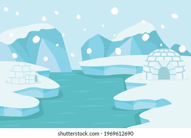 North pole Arctic landscape with ice igloo 