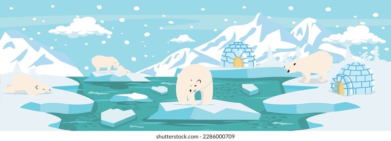 North pole Arctic  landscape with polar bears