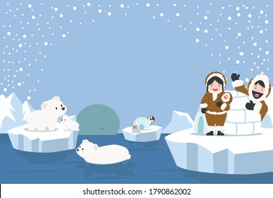 North pole Arctic landscape in winter season with animals