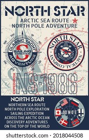 North Pole Arctic Ocean Adventure Extreme Sailing Expedition Vector Label For Boy Man Wear