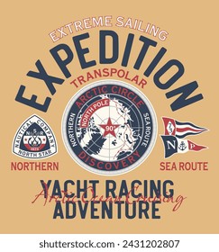 North pole Arctic ocean adventure extreme sailing expedition vintage print for boy kid man t shirt with nautical badge patches embroidery