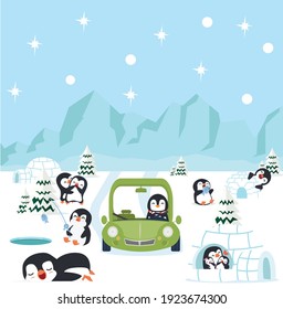  north pole arctic with penguins background concept