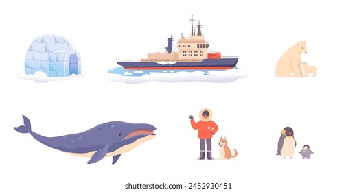 North pole arctic vector illustration. Cartoon antarctica set with penguin, polar bear, icebreaker, igloo, whale, scientist and dog. Polar science explorer collection.