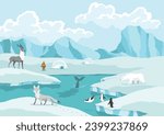 North pole arctic. White bears, seal and penguins on drifting and melting glacier in ocean, snow mountains iceberg polar winter season cartoon vector illustration