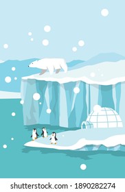 Ártico del polo norte. Osos blancos y pingüinos sobre la deriva y el derretimiento del glaciar en el océano, las montañas de nieve iceberg estación de invierno polar caricatura ilustrativa vectorial