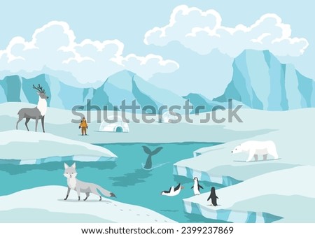 North pole arctic. White bears, seal and penguins on drifting and melting glacier in ocean, snow mountains iceberg polar winter season cartoon vector illustration