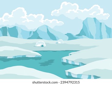 North pole arctic. White drifting and melting glacier in ocean, snow mountains iceberg polar winter season cartoon vector illustration